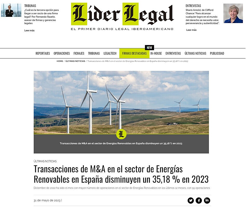 Transacciones de M&A en el sector de Energas Renovables en Espaa disminuyen un 35,18 % en 2023
